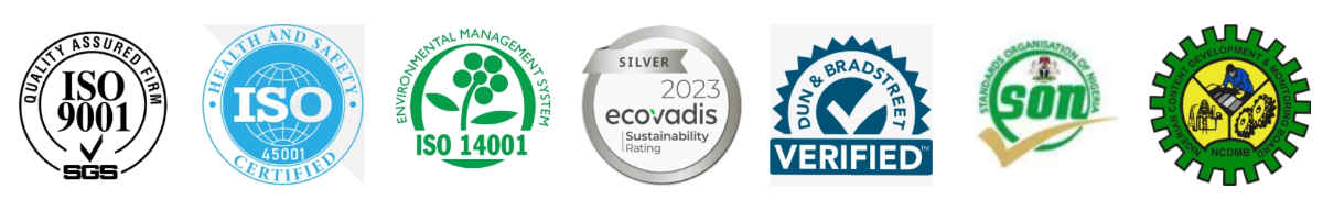 NCDMB registered, Standards Organisation of Nigeria, EcoVadis rated, Dun & Bradstreet registered