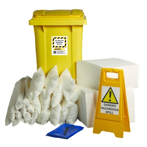 240ltr Oil Selective Spill Kit Two Wheel Bin with Hinged Lid - OS240SK || Absorbs Hydrocarbons but repels water - Image 1